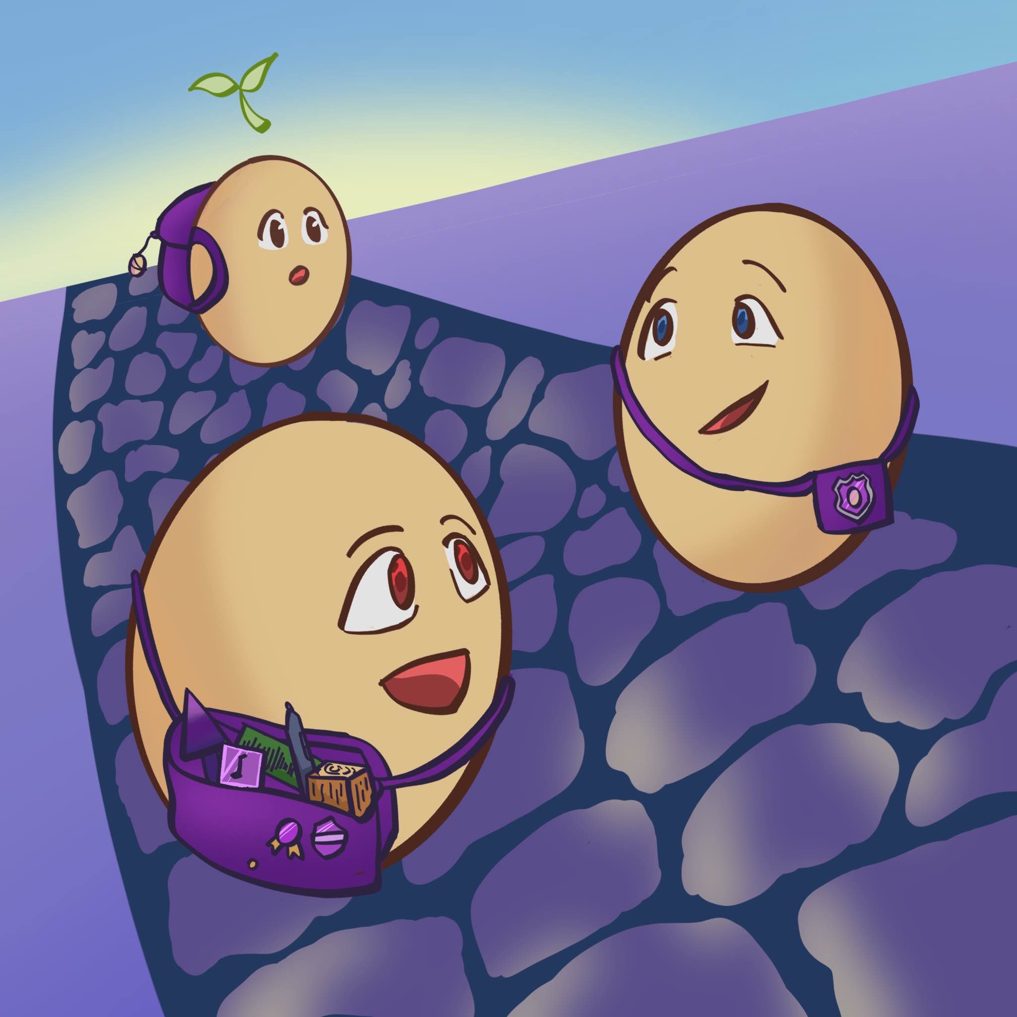 Egg Academy characters with badges and backpacks on a creative journey path.