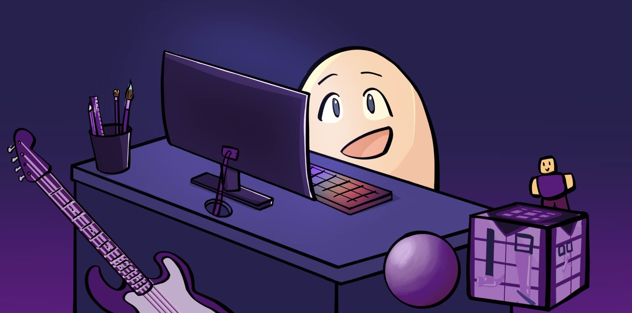 Egg Academy mascot at a desk using a computer, with creative tools and a guitar nearby.