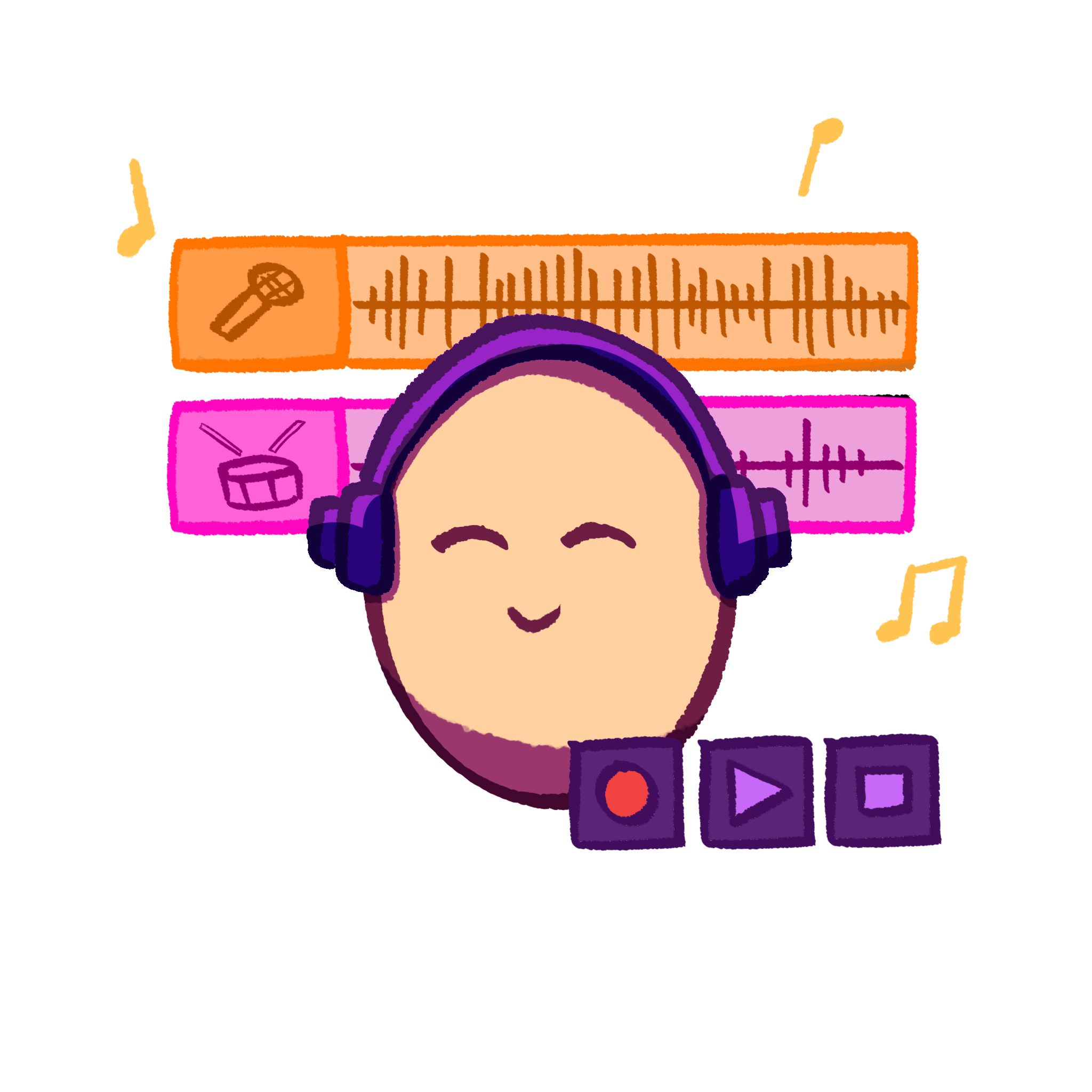 Music Egg — producer class character with headphones and audio tracks.