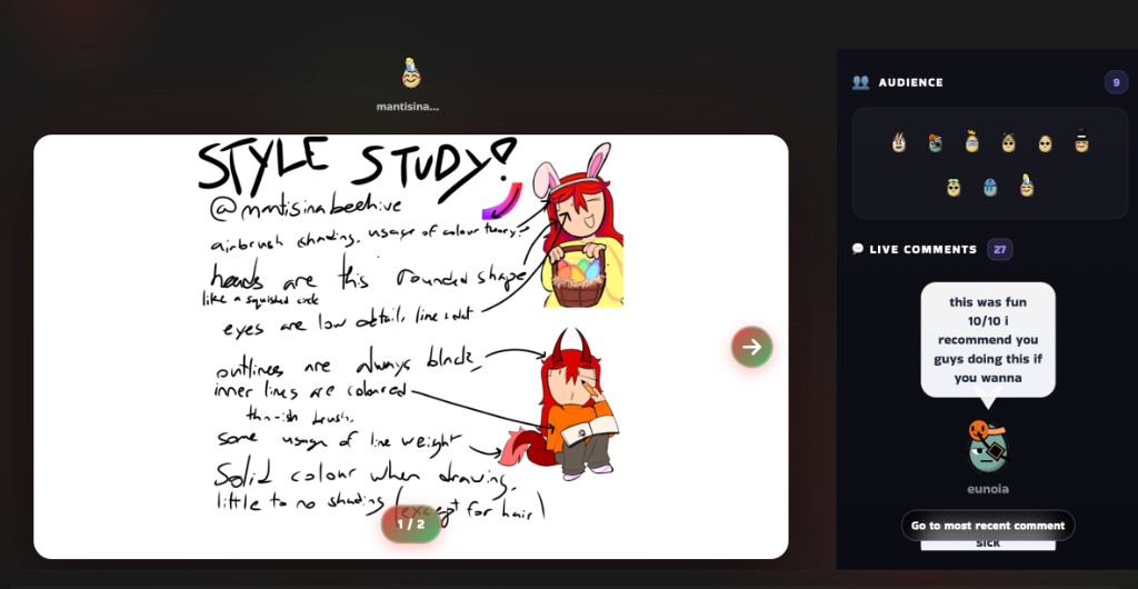 Community showcase: creator style study on canvas with live audience eggs and comments.