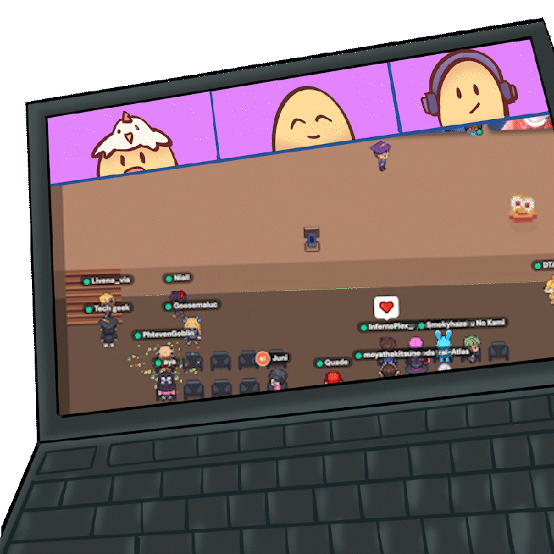 Illustration of a laptop showing Egg Academy sessions with egg avatars in a virtual room.