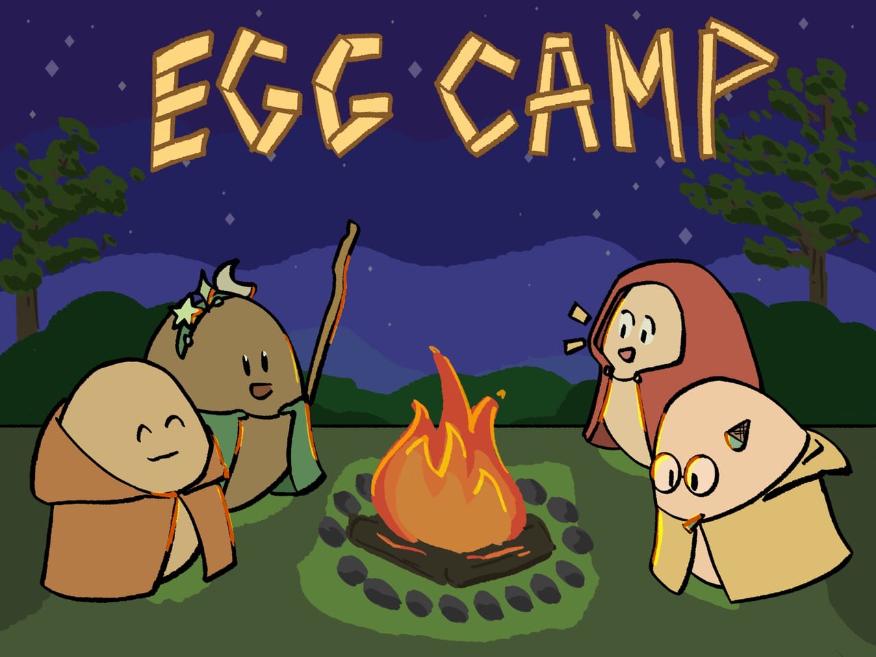 EggCamp -- tents, trees, and Egg creators gathering outdoors.