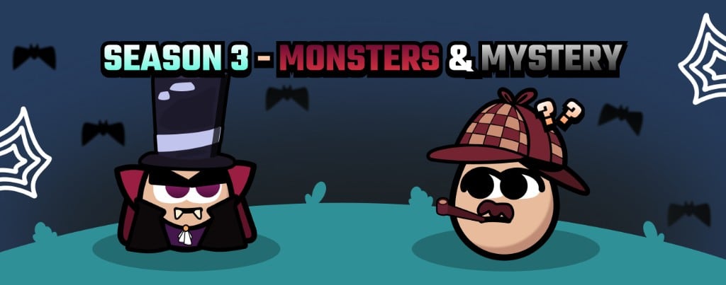 Monsters and Mystery season art -- Vampire egg and Detective egg under a night sky.
